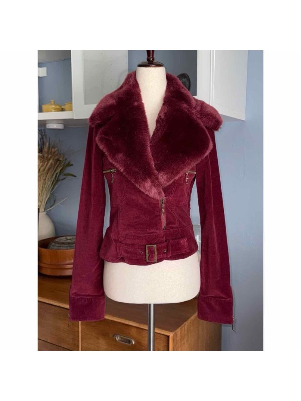 Sheri Bodell Victoria's Secret Burgundy Faux-Fur Collar Corduroy Moto Jacket